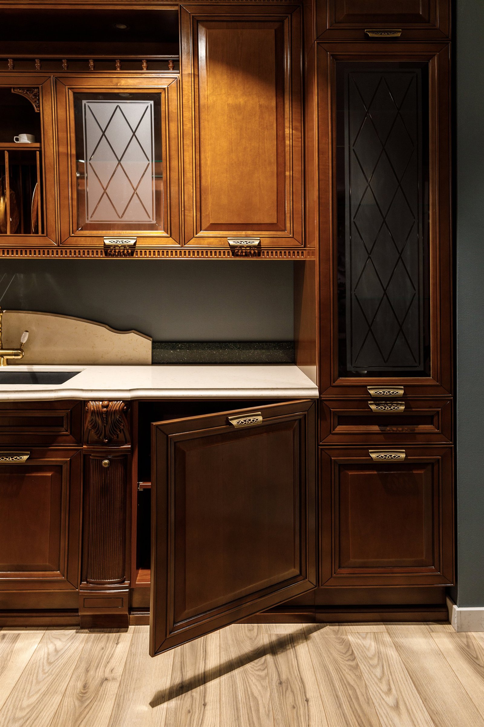 Bespoke solid wood cabinetry with open door joinery craftsmanship